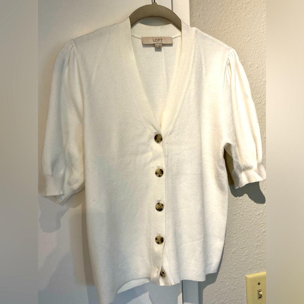 Loft off-white knit puffed sleeve cardigan